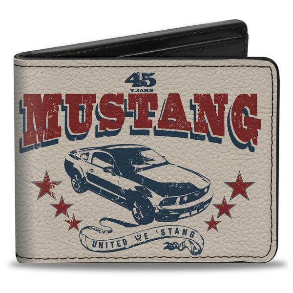 Buckle-Down Bi-Fold Wallet - Vintage MUSTANG 45 YEARS UNITED WE 'STANG Scroll Ivory Navy Red