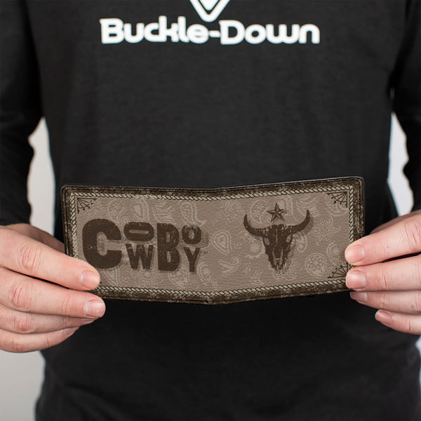 Buckle-Down Bi-Fold Wallet - Western COWBOY Icons Collage Tan Browns