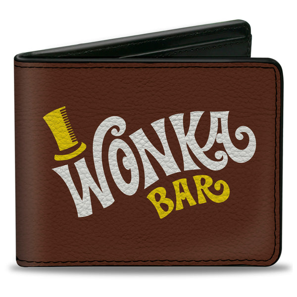 Buckle-Down Bi-Fold Wallet - Willy Wonka and the Chocolate Factory WONKA BAR Wrapper Logo Brown Yellow White
