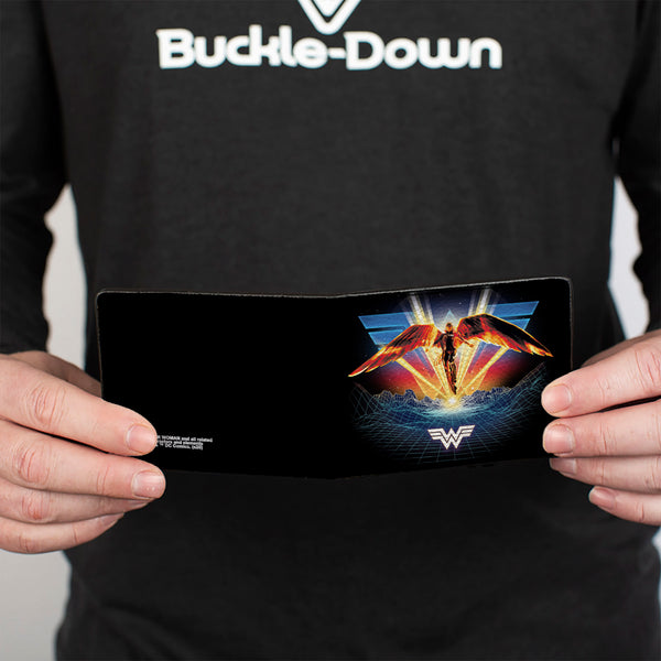 Buckle-Down Bi-Fold Wallet - Wonder Woman 1984 Golden Armor Pose WW Logo Topography Black Blues Reds Yellow
