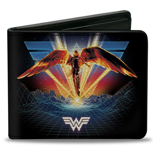 Buckle-Down Bi-Fold Wallet - Wonder Woman 1984 Golden Armor Pose WW Logo Topography Black Blues Reds Yellow