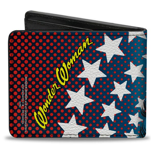 Buckle-Down Bi-Fold Wallet - WONDER WOMAN Stars Face Halftone Blues Red Yellow White