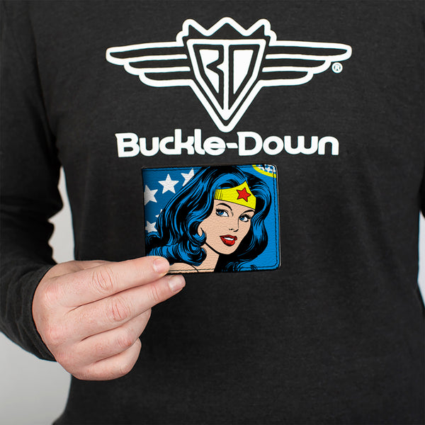 Buckle-Down Bi-Fold Wallet - WONDER WOMAN Stars Face Halftone Blues Red Yellow White