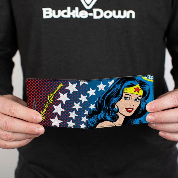 Buckle-Down Bi-Fold Wallet - WONDER WOMAN Stars Face Halftone Blues Red Yellow White