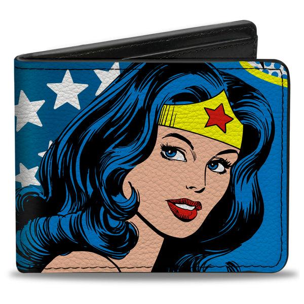 Buckle-Down Bi-Fold Wallet - WONDER WOMAN Stars Face Halftone Blues Red Yellow White