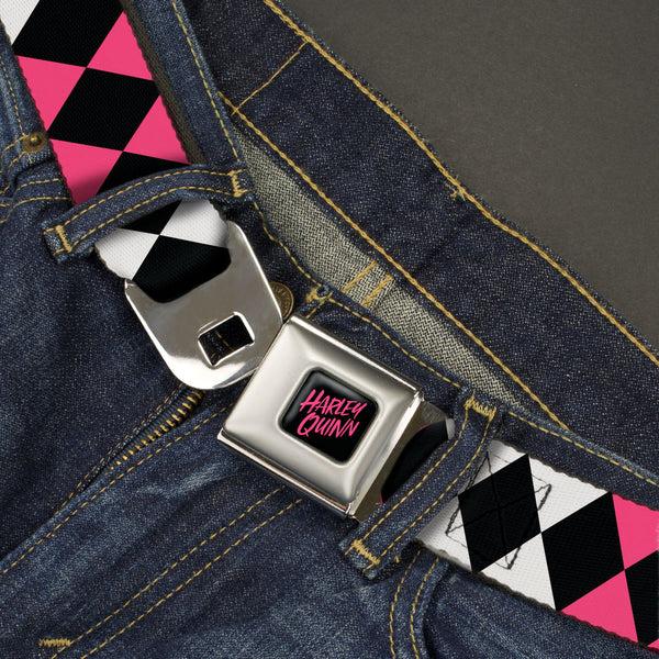 Buckle-Down Birds Of Prey HARLEY QUINN Text Full Color Black/Pink Seatbelt Belt - Birds Of Prey Harley Quinn Diamonds Split White/Black/Pink/Black Webbing