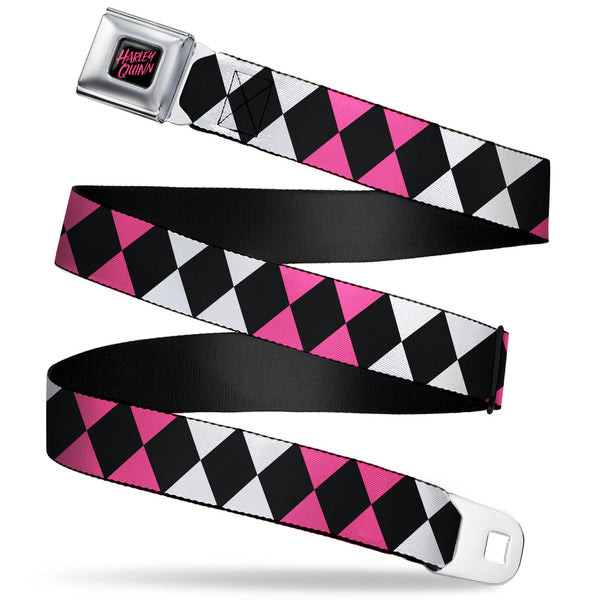 Buckle-Down Birds of Prey HARLEY QUINN Text Full Color Black/Pink Seatbelt Belt - Birds of Prey Harley Quinn Diamonds Split White/Black/Pink/Black Webbing