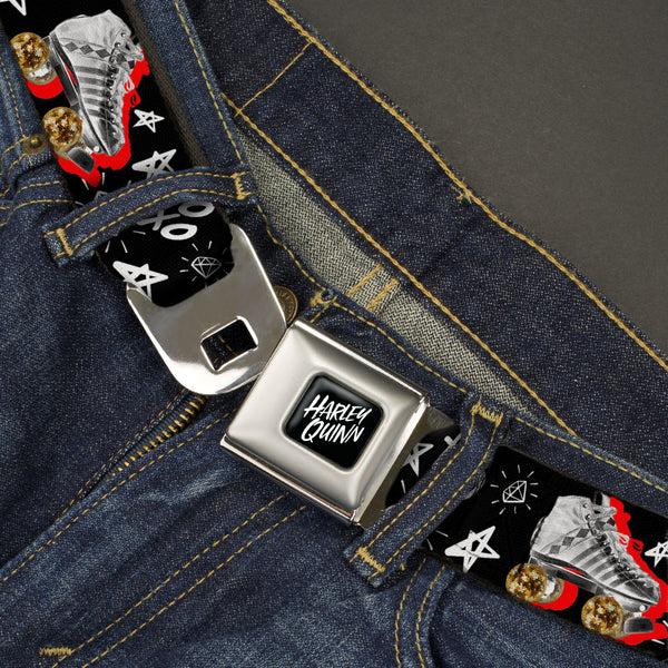 Buckle-Down Birds Of Prey HARLEY QUINN Text Full Color Black/White Seatbelt Belt - Birds Of Prey Harley Quinn Roller Skates/Icons Collage Black/White/Red Webbing