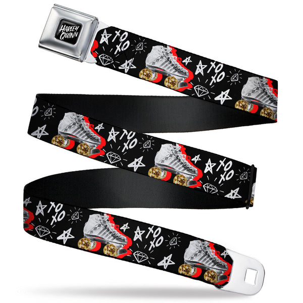 Buckle-Down Birds of Prey HARLEY QUINN Text Full Color Black/White Seatbelt Belt - Birds of Prey Harley Quinn Roller Skates/Icons Collage Black/White/Red Webbing