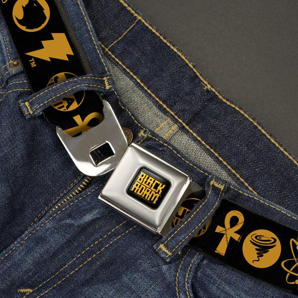 Buckle-Down BLACK ADAM Title Logo Full Color Black/Yellows Seatbelt Belt - Black Adam Justice Society Icons Black/Orange Webbing