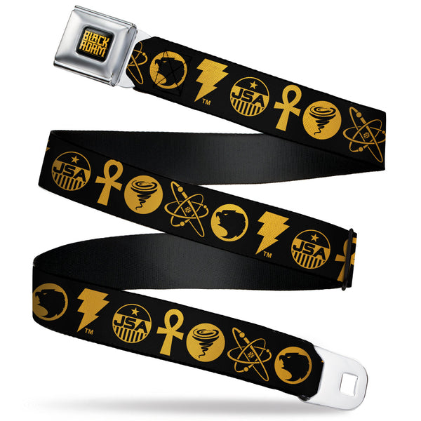 Buckle-Down BLACK ADAM Title Logo Full Color Black/Yellows Seatbelt Belt - Black Adam Justice Society Icons Black/Orange Webbing