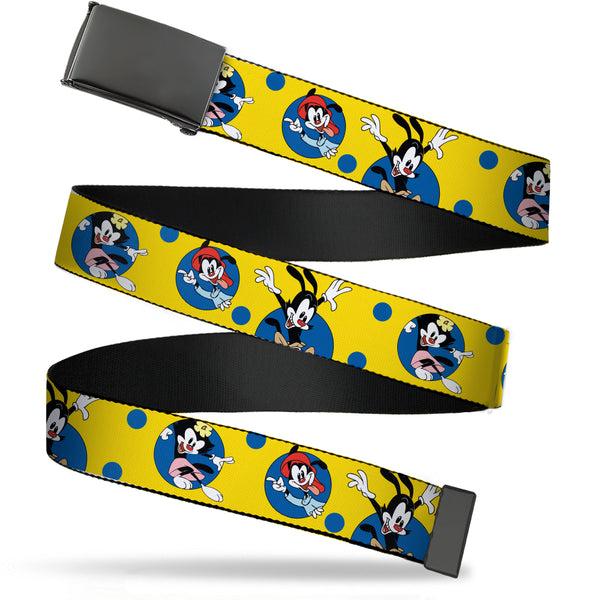 Buckle-Down Black Buckle Web Belt - Animaniacs Yakko Wakko and Dot Poses Yellow/Blue Webbing