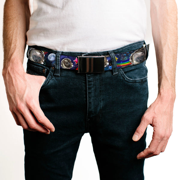 Buckle-Down Black Buckle Web Belt - Astronaut Cats In Space/Rainbows/Stars Webbing