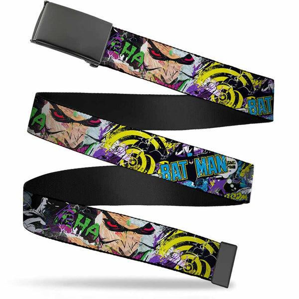 Buckle-Down Black Buckle Web Belt - BATMAN/Joker Face CLOSE-UP Gotham City Graffiti Collage Webbing
