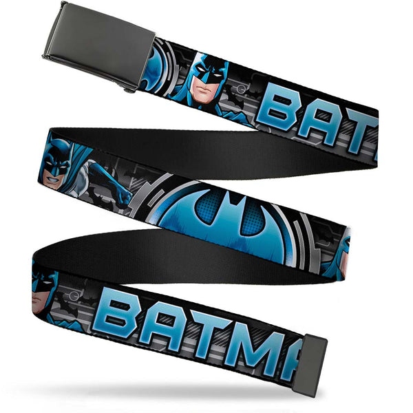 Buckle-Down Black Buckle Web Belt - BATMAN Poses/Bat Signal CLOSE-UP Black/Grays/Blues Webbing