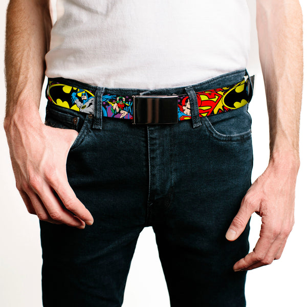 Buckle-Down Black Buckle Web Belt - Batman/Robin/Superman Pose/Logo Dot Black/Purple Webbing