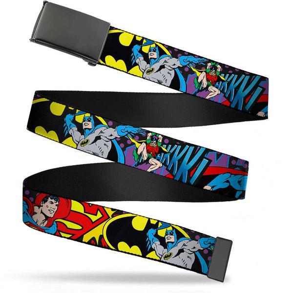 Buckle-Down Black Buckle Web Belt - Batman/Robin/Superman Pose/Logo Dot Black/Purple Webbing