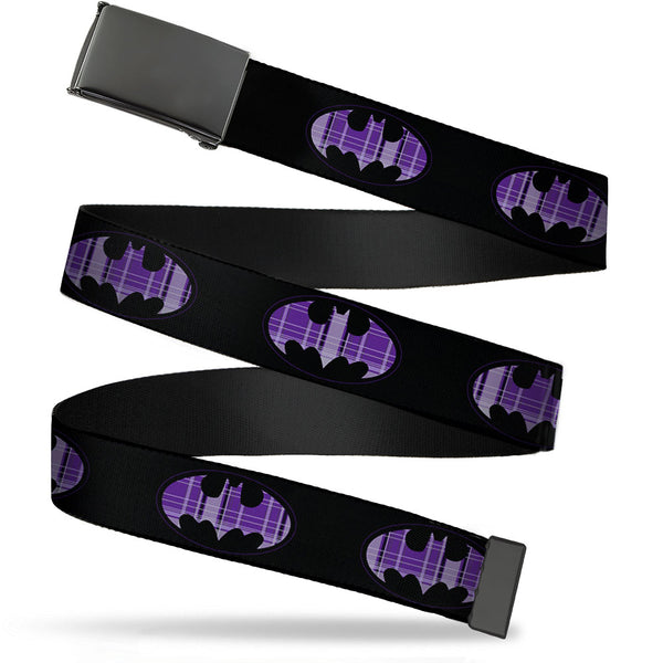 Buckle-Down Black Buckle Web Belt - Batman Signal Black/Purple Plaid Webbing