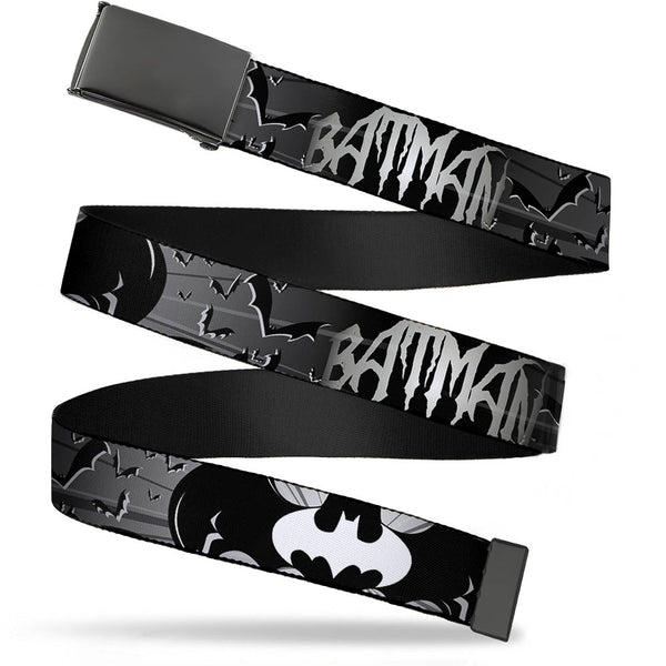 Buckle-Down Black Buckle Web Belt - BATMAN w/Bat Signals & Flying Bats Black/White Webbing