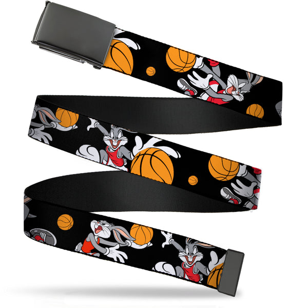 Buckle-Down Black Buckle Web Belt - Bugs Bunny 4-Basketball Poses Black Webbing