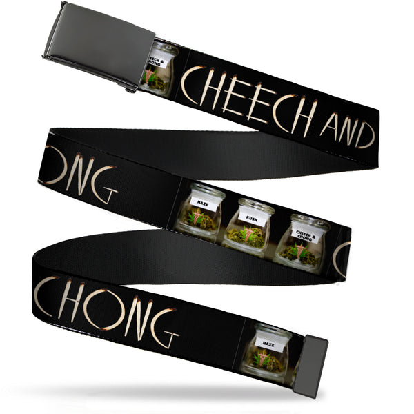 Buckle-Down Black Buckle Web Belt - CHEECH AND CHONG Joints Text/3-Vivid Weed Jars Black Webbing