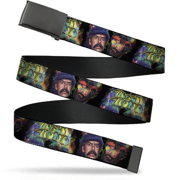 Buckle-Down Black Buckle Web Belt - CHEECH & CHONG Faces Smokey Tie Dye Black/Yellow/Multi Color Webbing