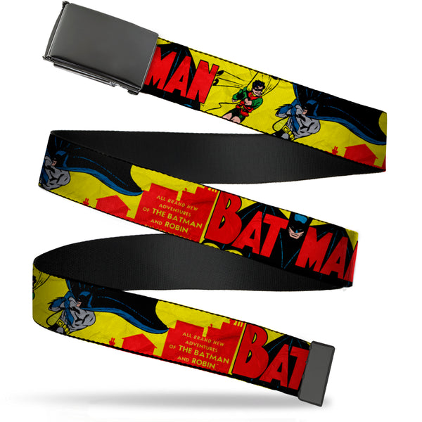 Buckle-Down Black Buckle Web Belt - Classic BATMAN Issue #1 Robin & Batman Cover Pose Yellow/Red Webbing