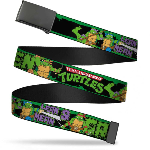 Buckle-Down Black Buckle Web Belt - Classic TEENAGE MUTANT NINJA TURTLES Logo/Group Pose5/LEAN MEAN & GREEN Webbing