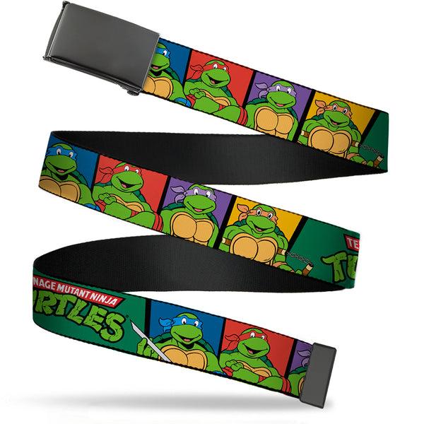 Buckle-Down Black Buckle Web Belt - Classic TEENAGE MUTANT NINJA TURTLES Group Pose3/TMNT Logo Green/Multi Color Webbing