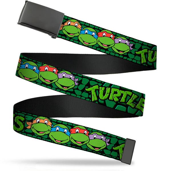 Buckle-Down Black Buckle Web Belt - Classic Teenage Mutant Ninja Turtles Group Faces/TURTLES Turtle Shell Black/Green Webbing