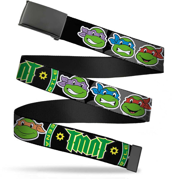 Buckle-Down Black Buckle Web Belt - Classic Teenage Mutant Ninja Turtles Group Faces/TMNT/Ninja Star Black/Green Webbing