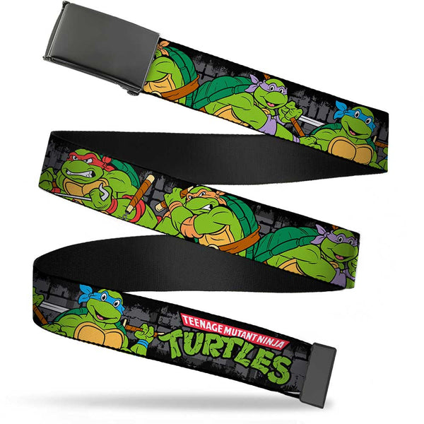 Buckle-Down Black Buckle Web Belt - Classic TEENAGE MUTANT NINJA TURTLES Group Pose4 in Sewer/TMNT Logo Webbing