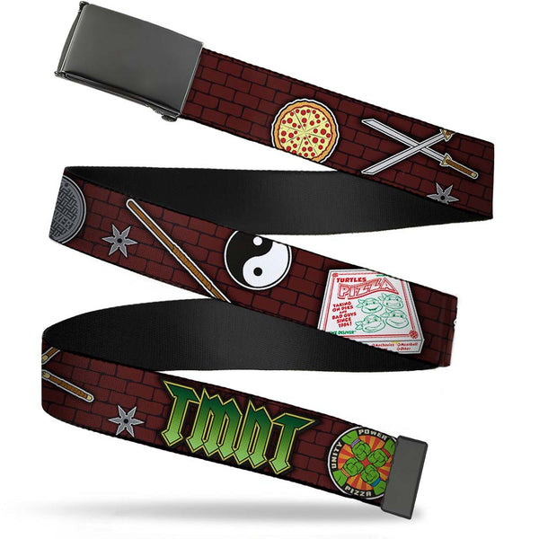 Buckle-Down Black Buckle Web Belt - Classic TMNT Gear/Elements Brick Wall Webbing