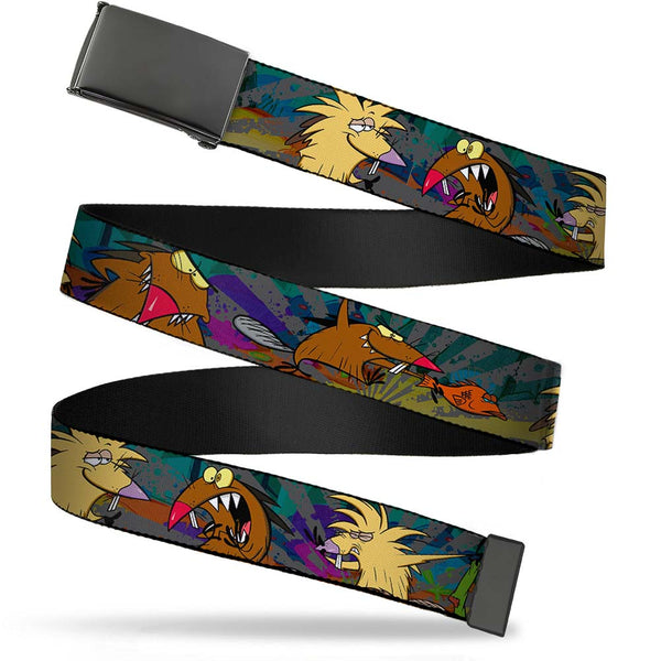 Buckle-Down Black Buckle Web Belt - Daggett & Norbert Poses3 Rays Grays/Multi Color Webbing