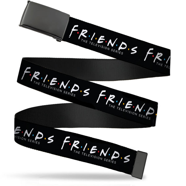 Buckle-Down Black Buckle Web Belt - FRIENDS-THE TELEVISION SERIES Logo Black/White/Multi Color Webbing