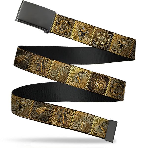 Buckle-Down Black Buckle Web Belt - Game of Thrones House Sigil Blocks Gold Webbing