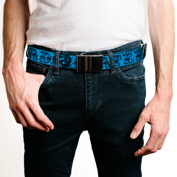 Buckle-Down Black Buckle Web Belt - Grateful Dead Text W/Skull & Roses Turquoise Webbing