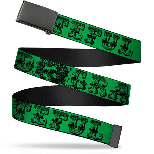 Buckle-Down Black Buckle Web Belt - Grateful Dead Text w/Skull & Roses Green Webbing