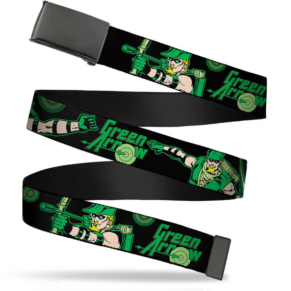 Buckle-Down Black Buckle Web Belt - GREEN ARROW Action Poses/Targets Black/Greens Webbing