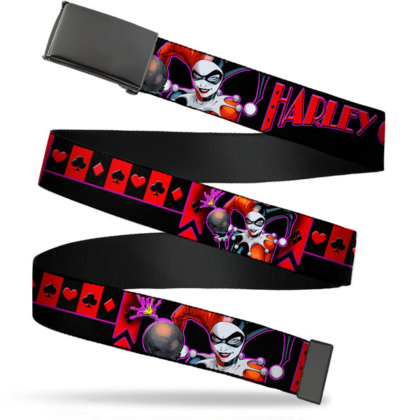 Buckle-Down Black Buckle Web Belt - HARLEY QUINN Bomb Poses/Suits Black/Purple/Red Webbing