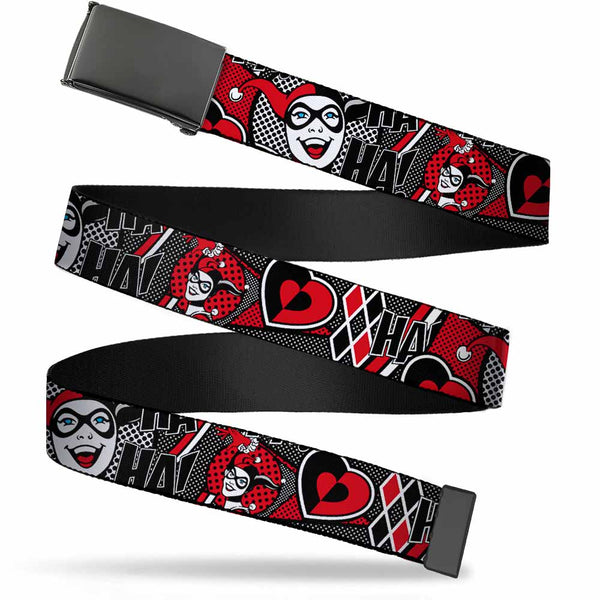 Buckle-Down Black Buckle Web Belt - Harley Quinn Poses/HAHAHA /Diamonds/Hearts Halftone White/Black/Red Webbing