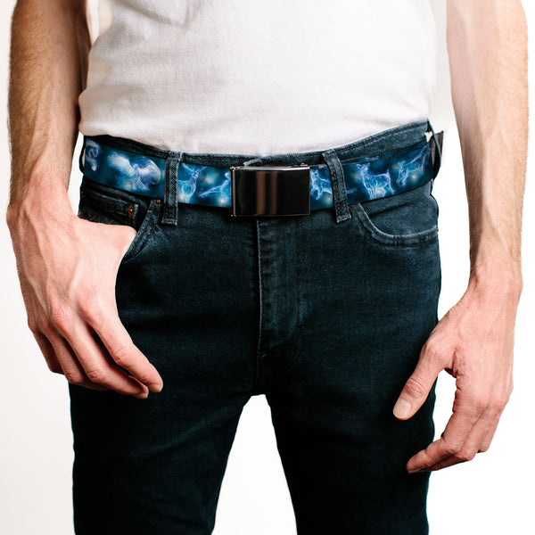 Buckle-Down Black Buckle Web Belt - Harry Potter Animal Spirits Black/Blue Webbing