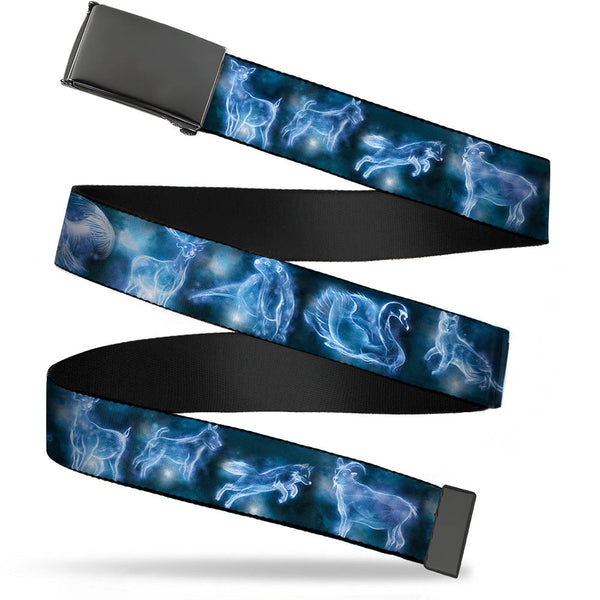 Buckle-Down Black Buckle Web Belt - Harry Potter Animal Spirits Black/Blue Webbing