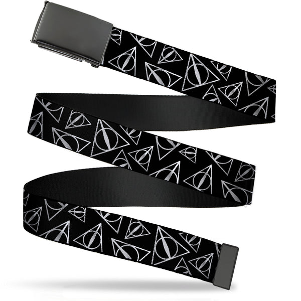 Buckle-Down Black Buckle Web Belt - Harry Potter Deathly Hallows Symbol Scattered Black/Silver Webbing