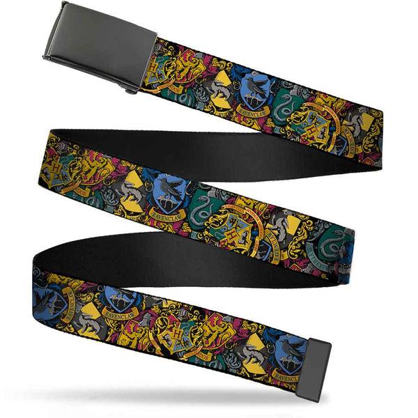 Buckle-Down Black Buckle Web Belt - Harry Potter Hogwarts & 4-House Crests Stacked Webbing
