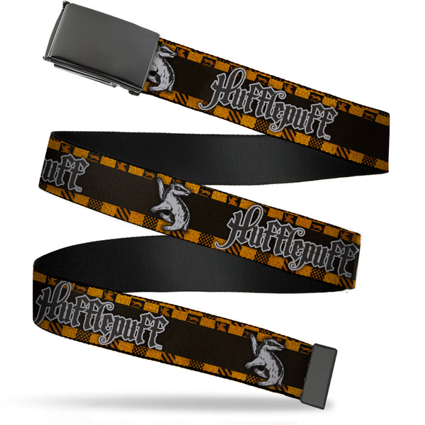 Buckle-Down Black Buckle Web Belt - Harry Potter HUFFLEPUFF/Badger Checker Stripe Grays/Golds/Black/White Webbing
