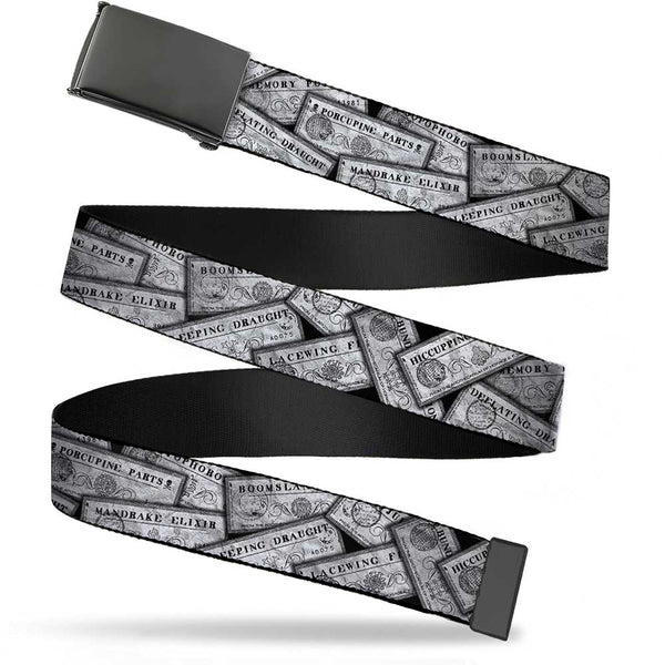 Buckle-Down Black Buckle Web Belt - Harry Potter Potion Labels Webbing