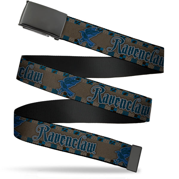 Buckle-Down Black Buckle Web Belt - Harry Potter RAVENCLAW/Eagle Checker Stripe Grays/Blues/Black Webbing