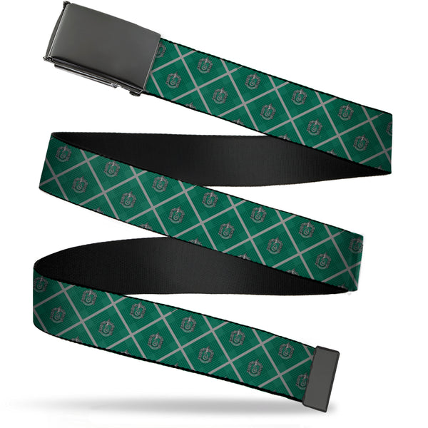 Buckle-Down Black Buckle Web Belt - Harry Potter Slytherin Crest Plaid Greens/Gray Webbing
