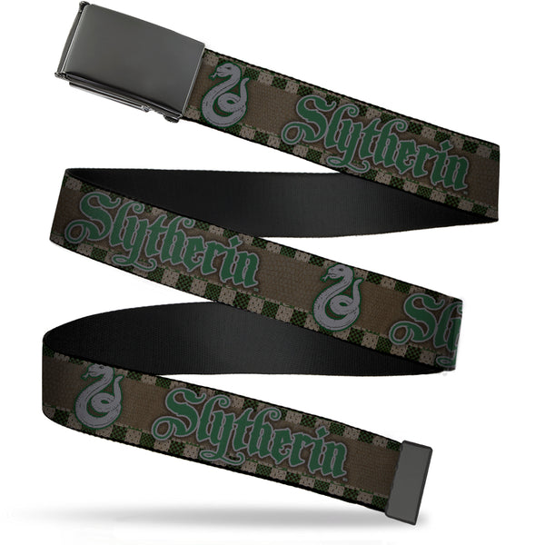 Buckle-Down Black Buckle Web Belt - Harry Potter SLYTHERIN/Snake Checker Stripe Grays/Greens Webbing